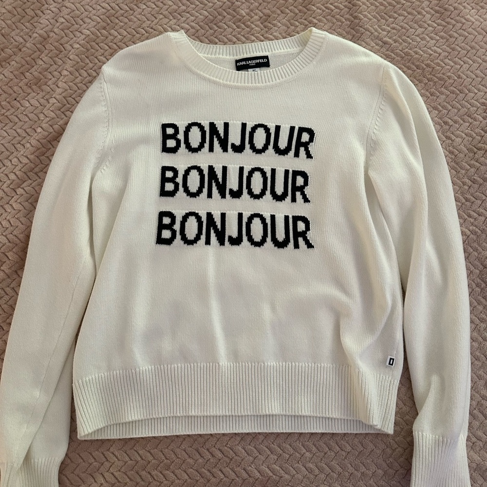 White Sweater with Black Text by Karl Lagerfeld